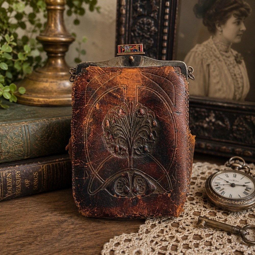 Antique Justin Co Art Nouveau Hand Tooled Leather Purse Enameled Clasp 1917